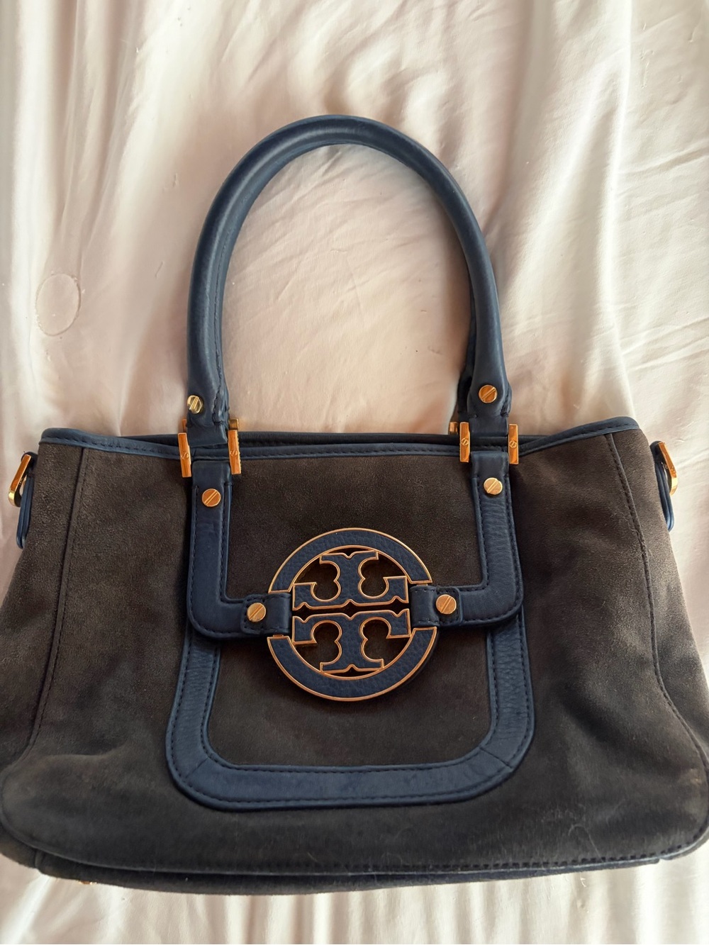 Tory Burch Navy Suede and Leather Logo Satchel with Gold Hardware